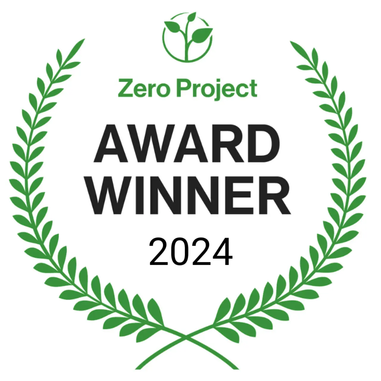 A dark green laurel wreath, the Zero Project logo, and the words "Award Winner 2024"